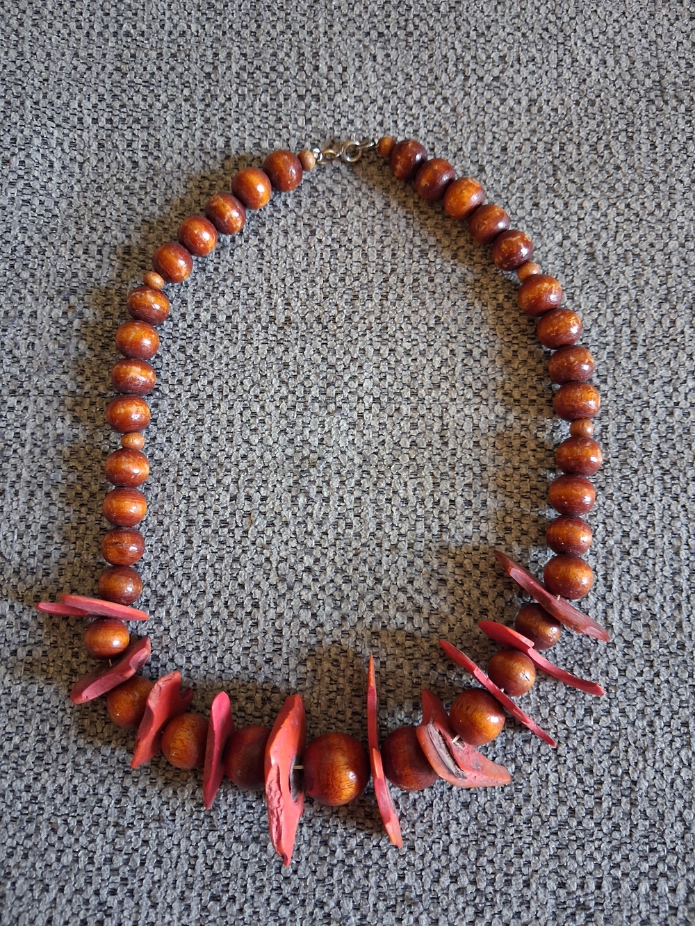 Handmade Brown Wood Necklace with Red Accent Discs